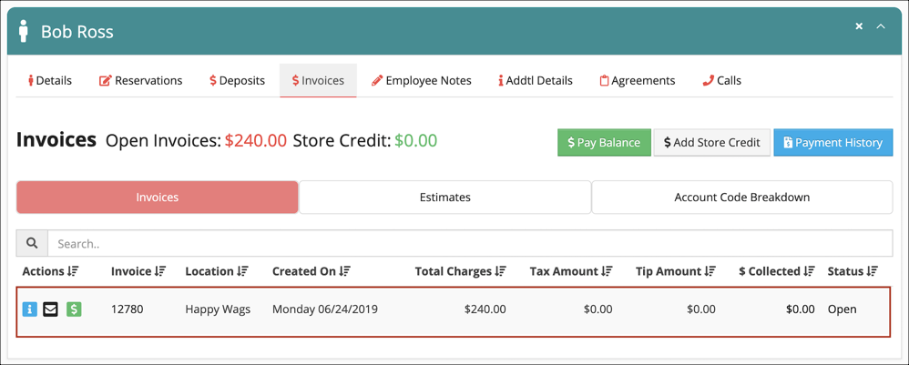 Invoice details for Bob Ross