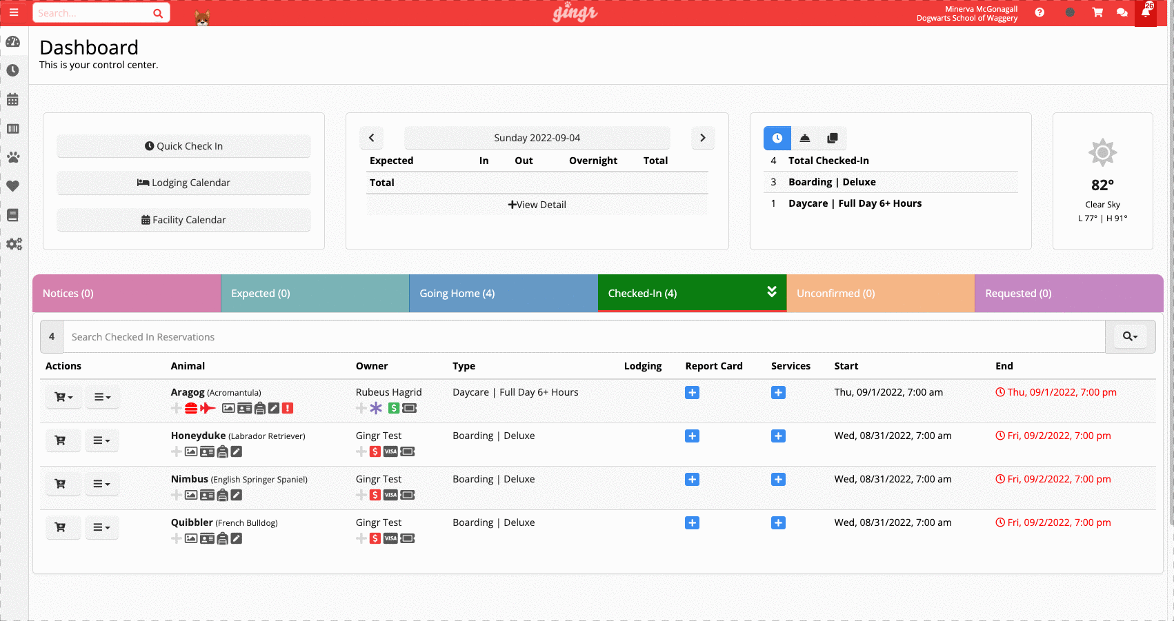 Pet care dashboard with check-in details.
