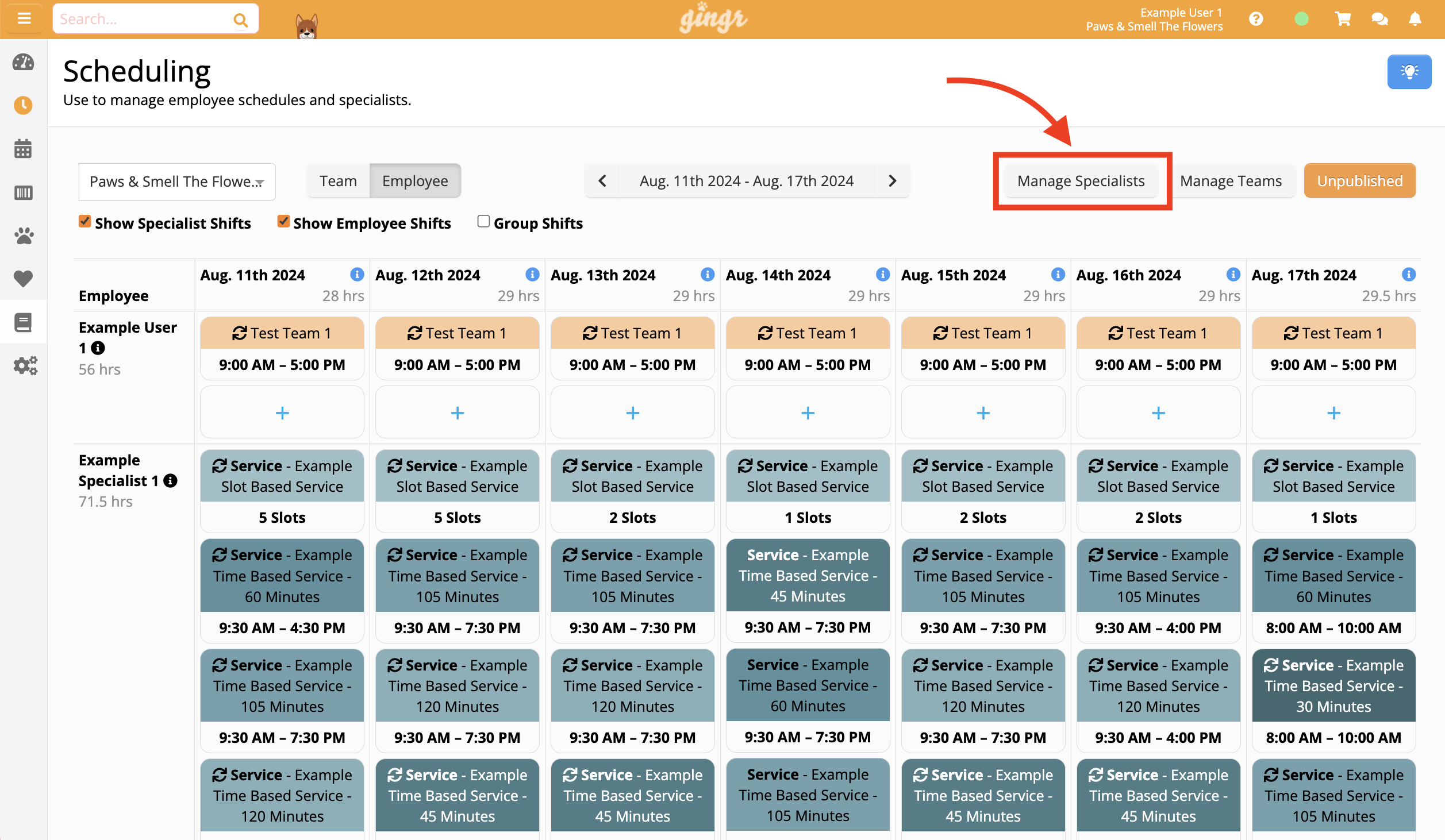 Employee scheduling interface screenshot.