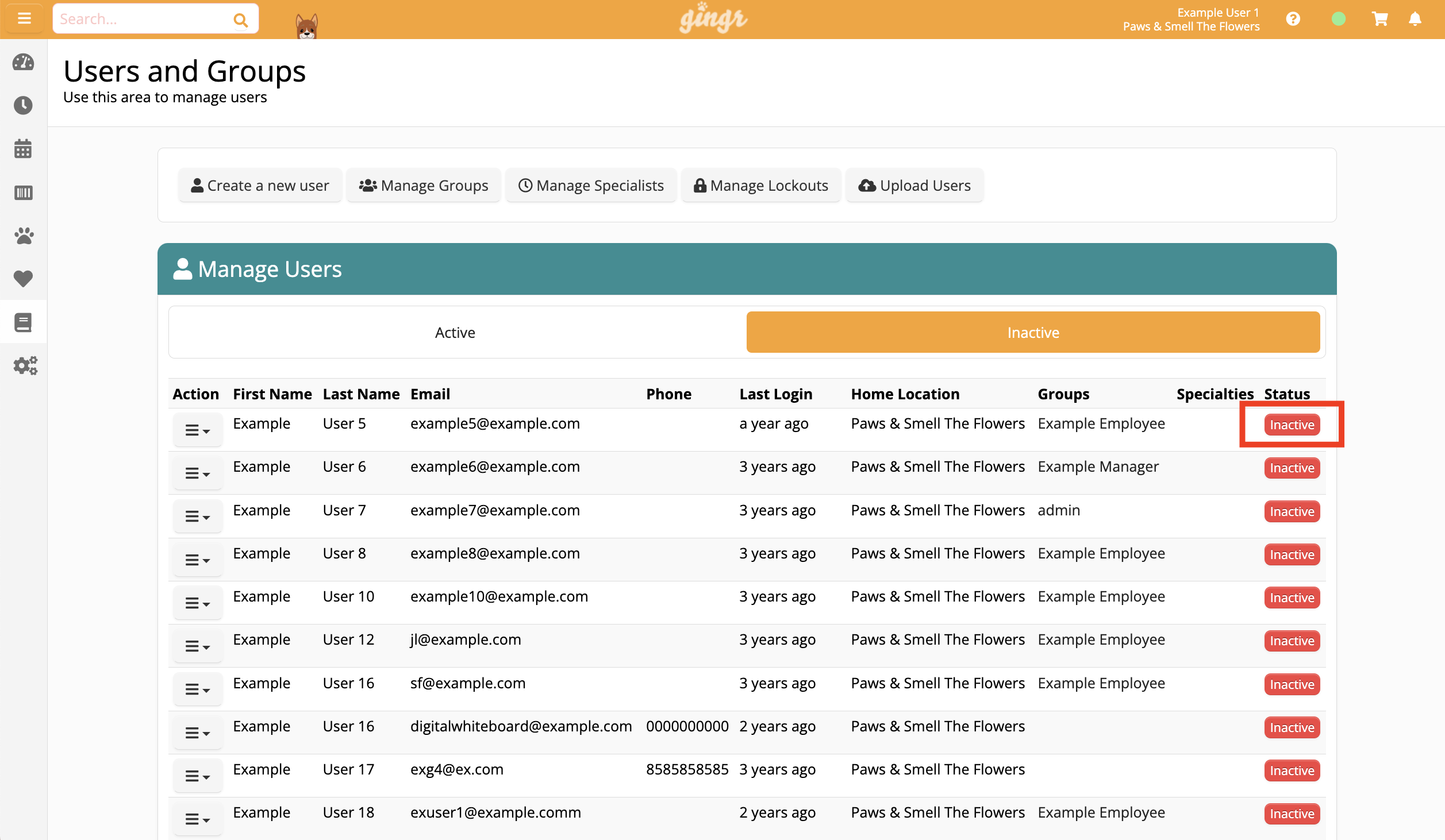 User management interface with inactive status.