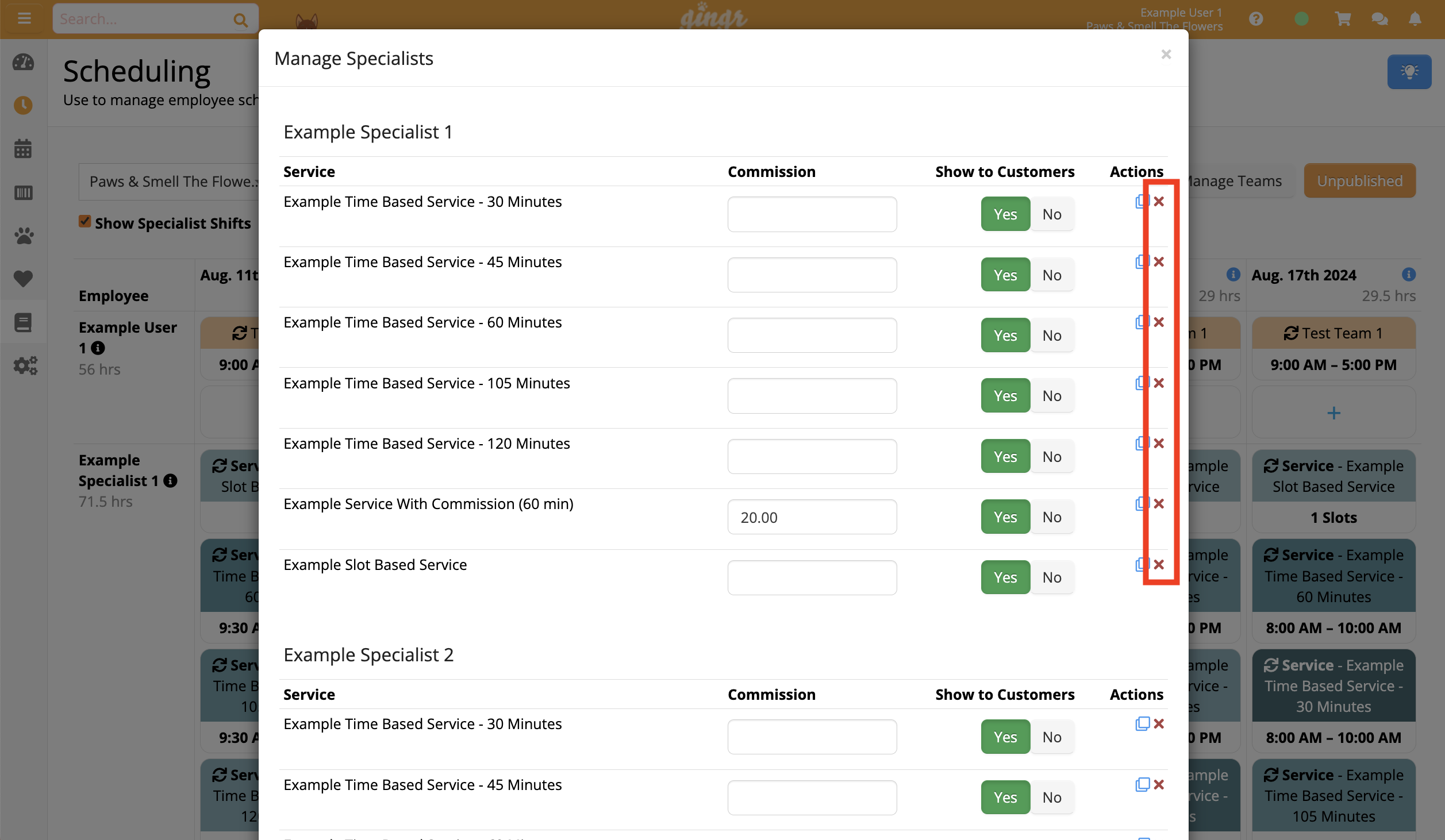 Manage Specialists scheduling interface