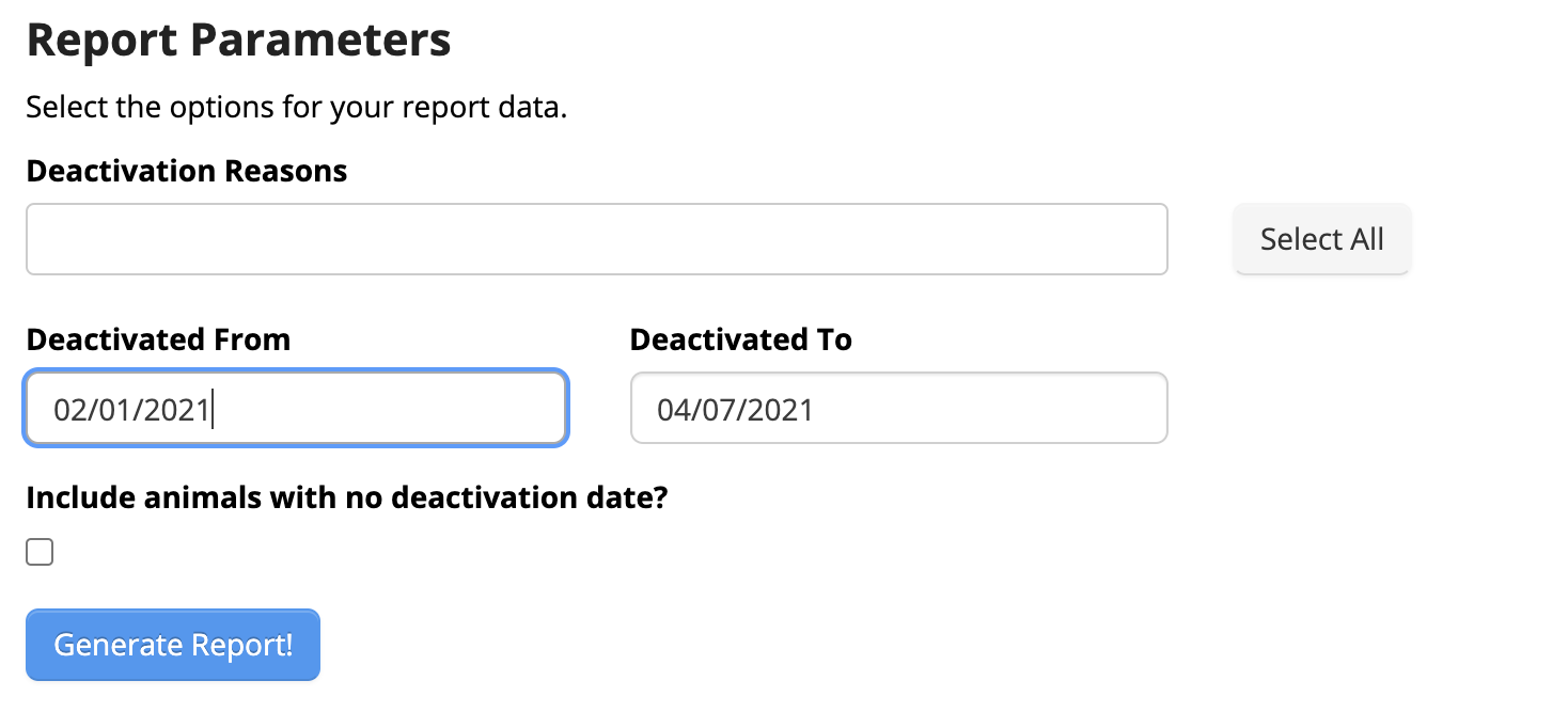 Report parameters form with date fields.