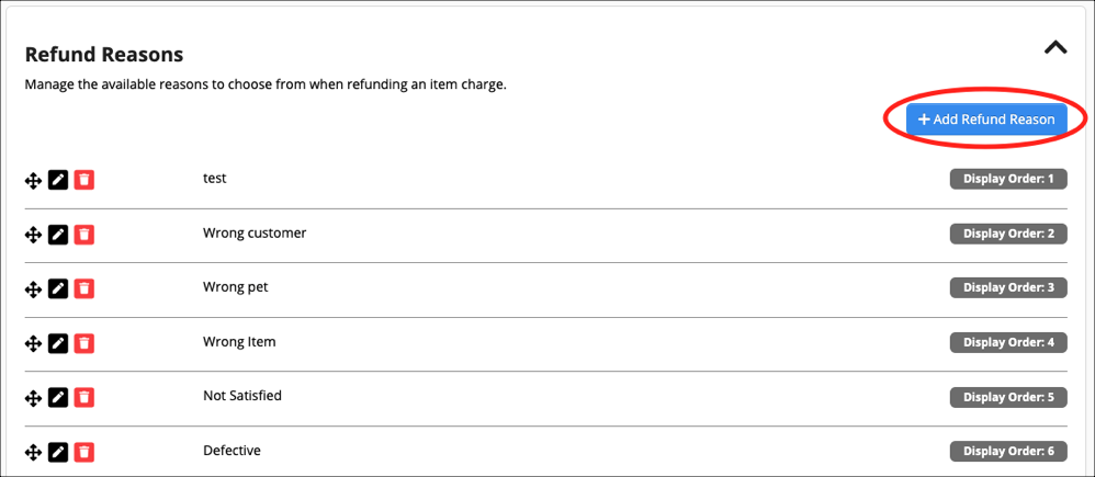Refund reasons list with add button.