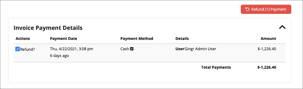 Invoice payment details with refund option.