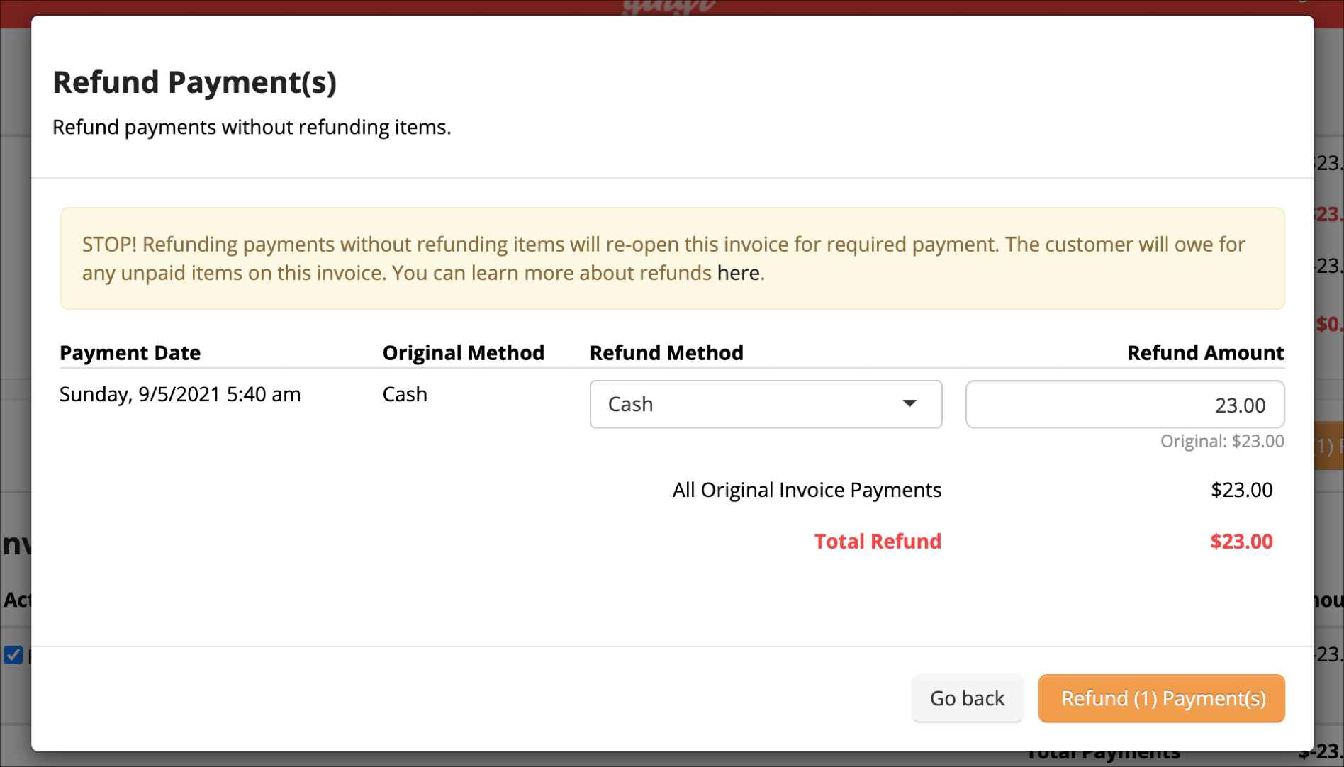 Refund payment screen with details and warning.