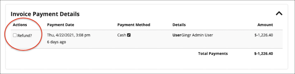 Invoice payment details with refund option.
