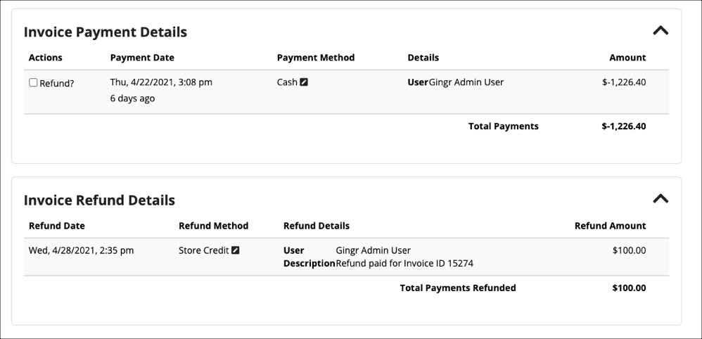 Invoice and refund payment details table.