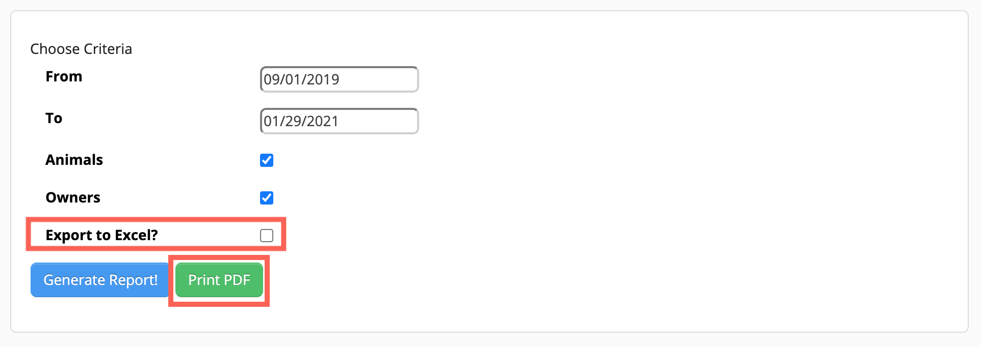 Form with date range and export options.