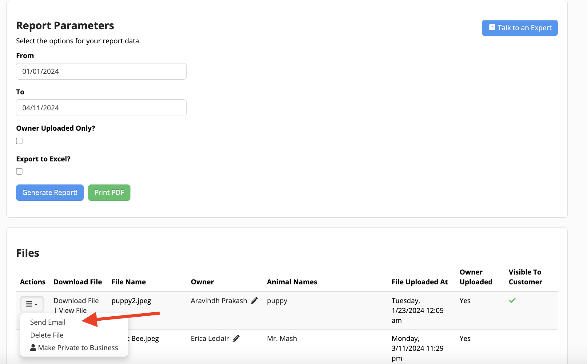 File management interface with report options.