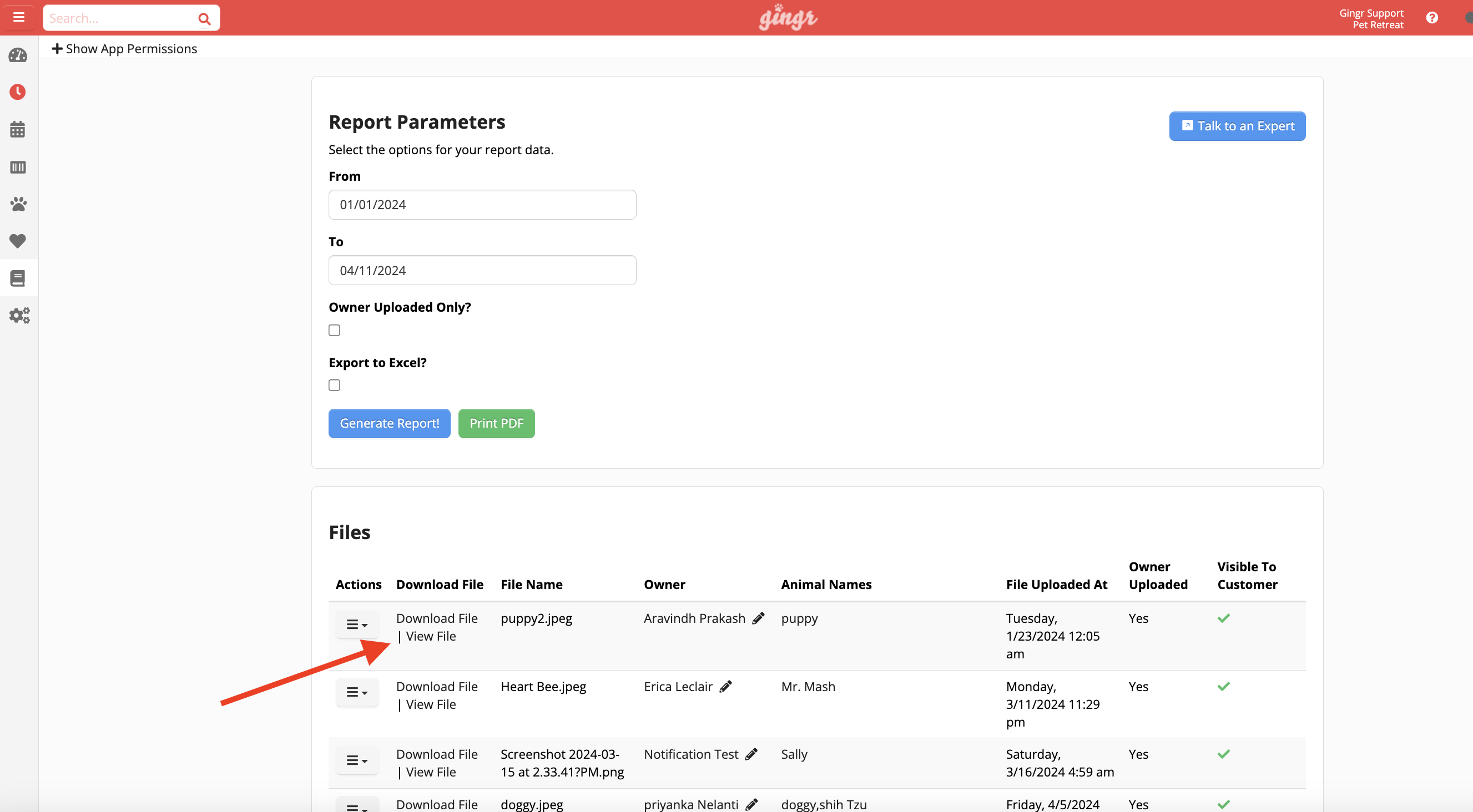 File management interface with report options.