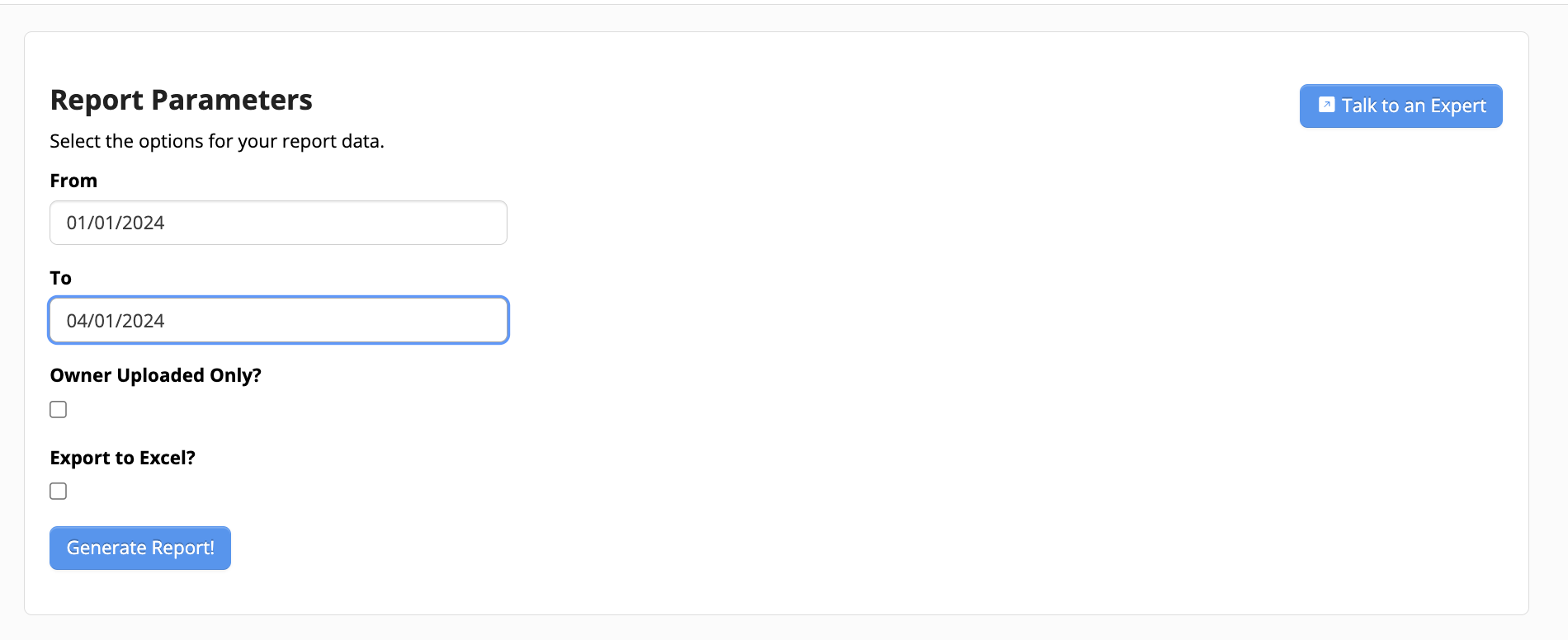 Report parameters selection form