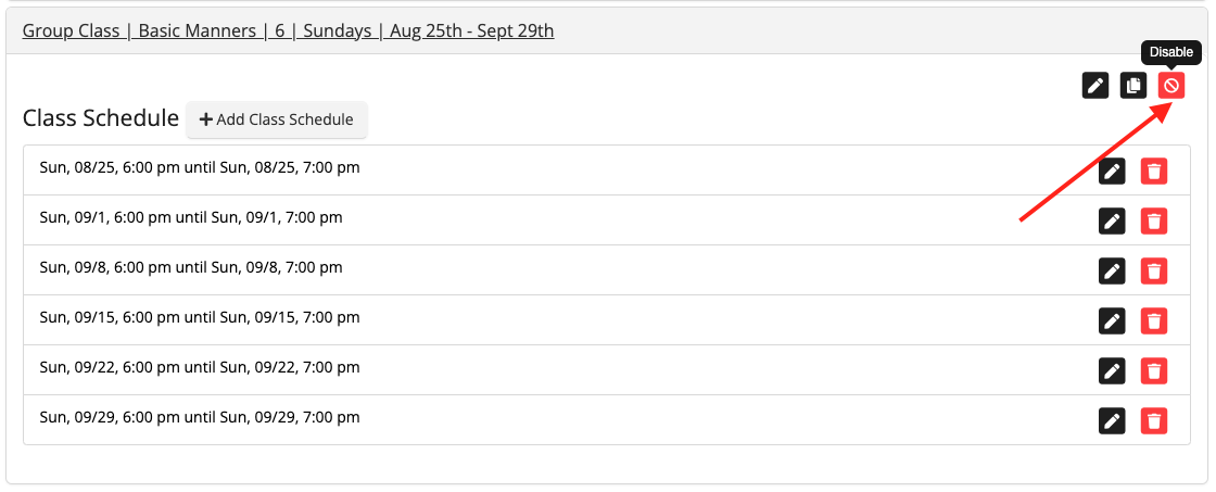 Class schedule list with edit and delete icons.