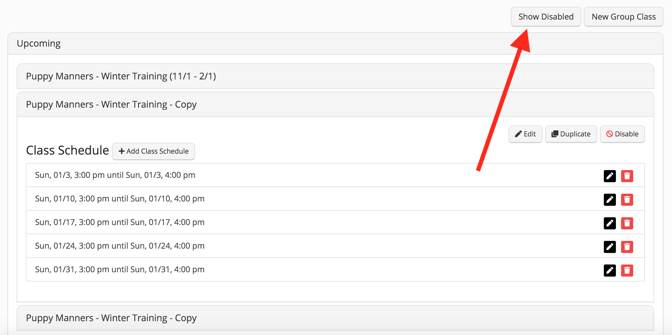 Puppy training class schedule interface.