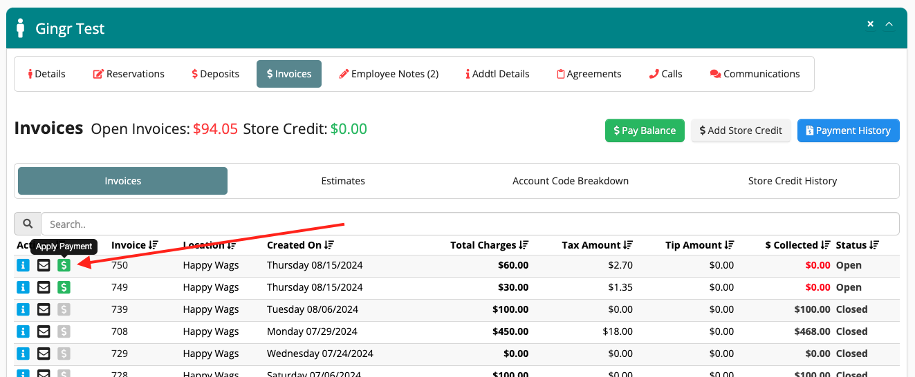 Invoice management screen with payment options.