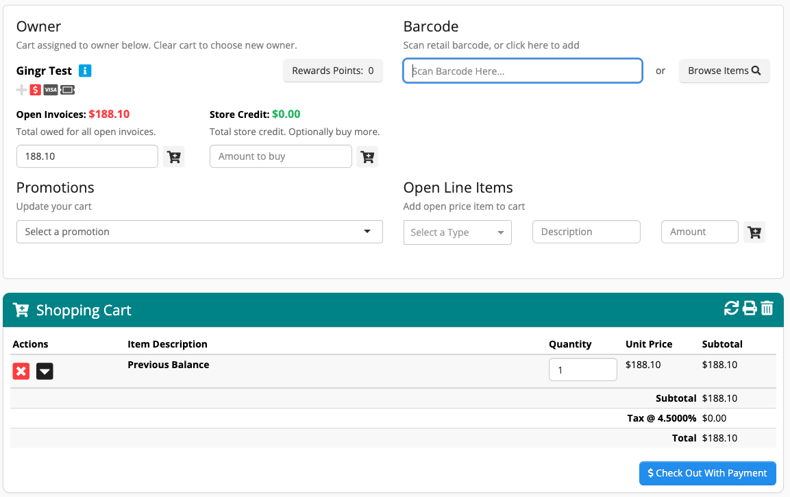 Shopping cart interface with invoice details.