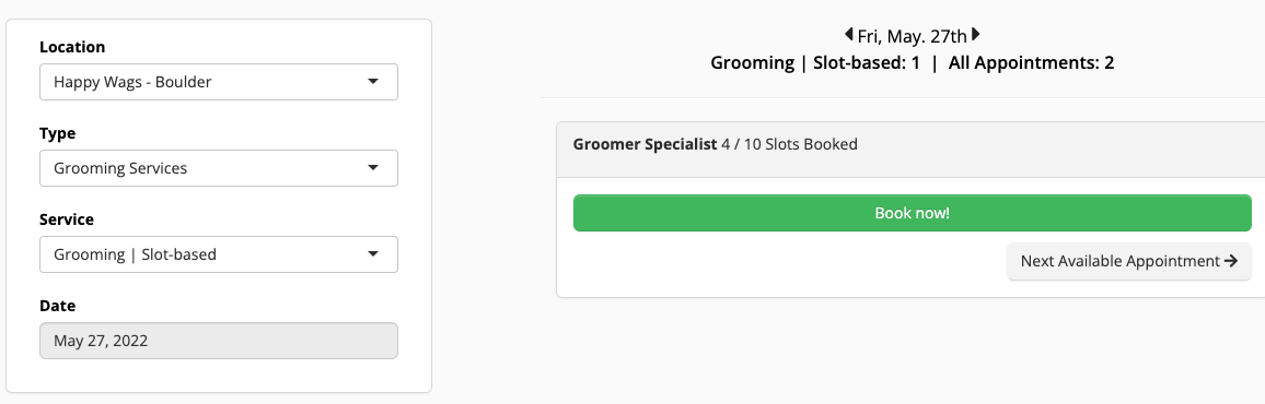 Booking interface for grooming services.