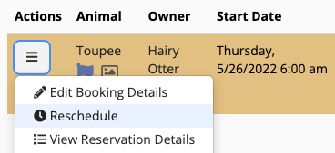 Dropdown menu with booking options.