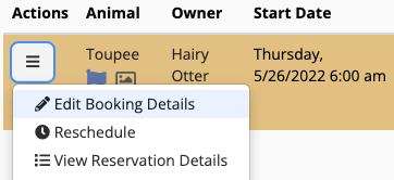 Dropdown menu with booking options