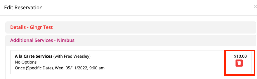 Reservation details with $10 service fee.