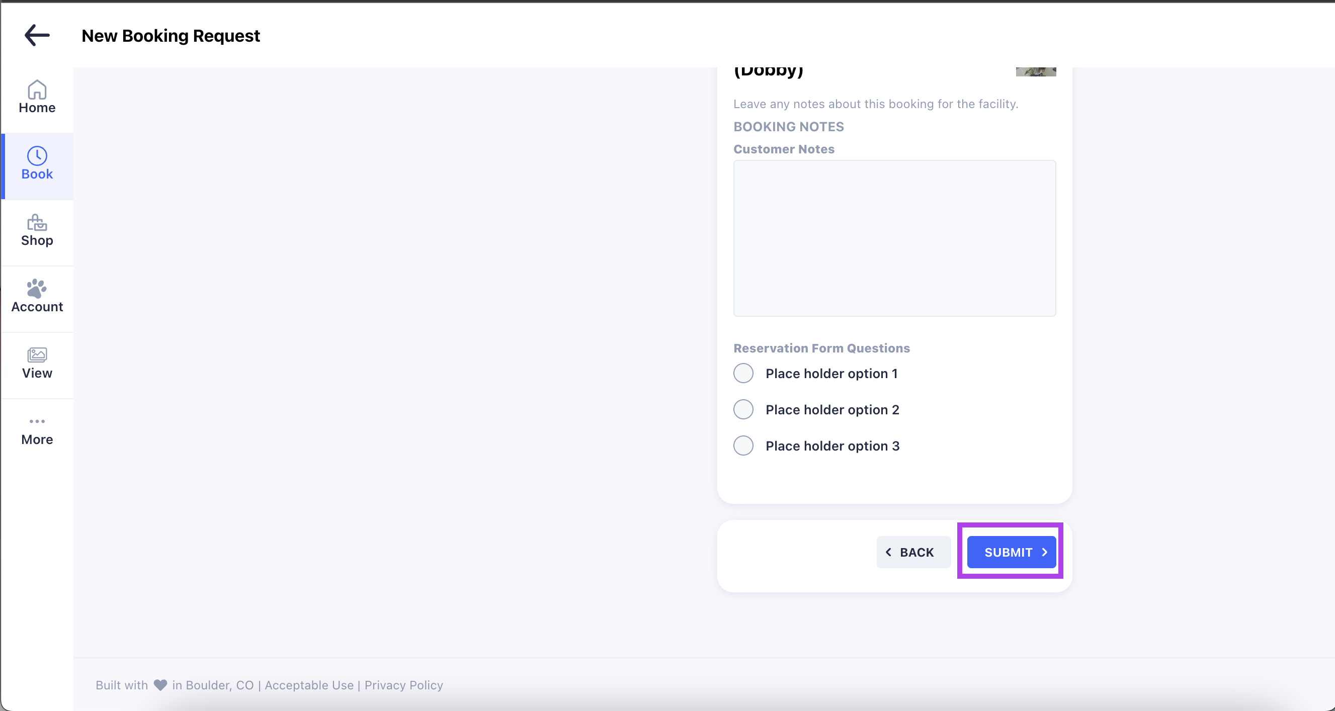 Booking request form with submit button.