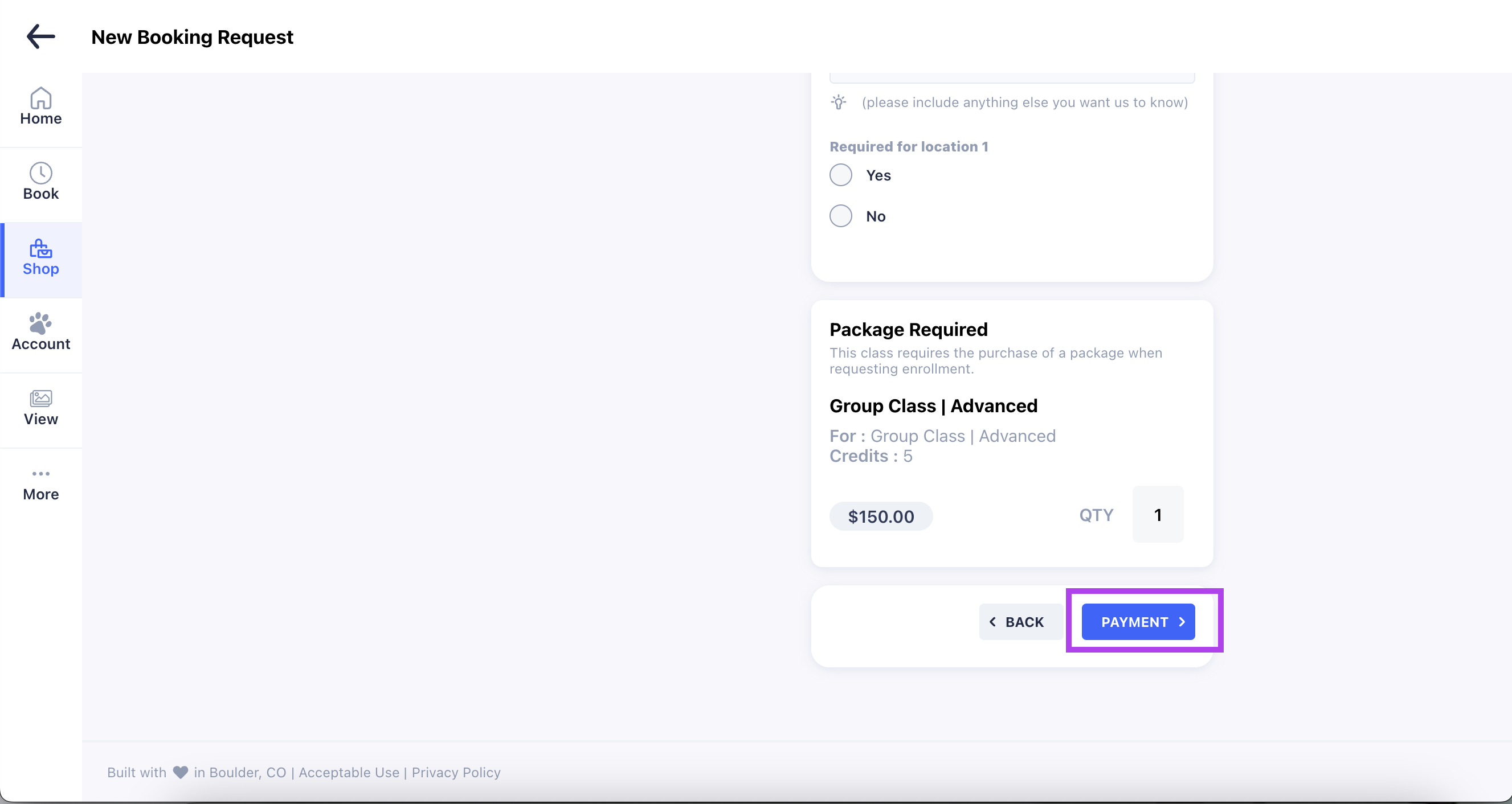 Booking request payment screen