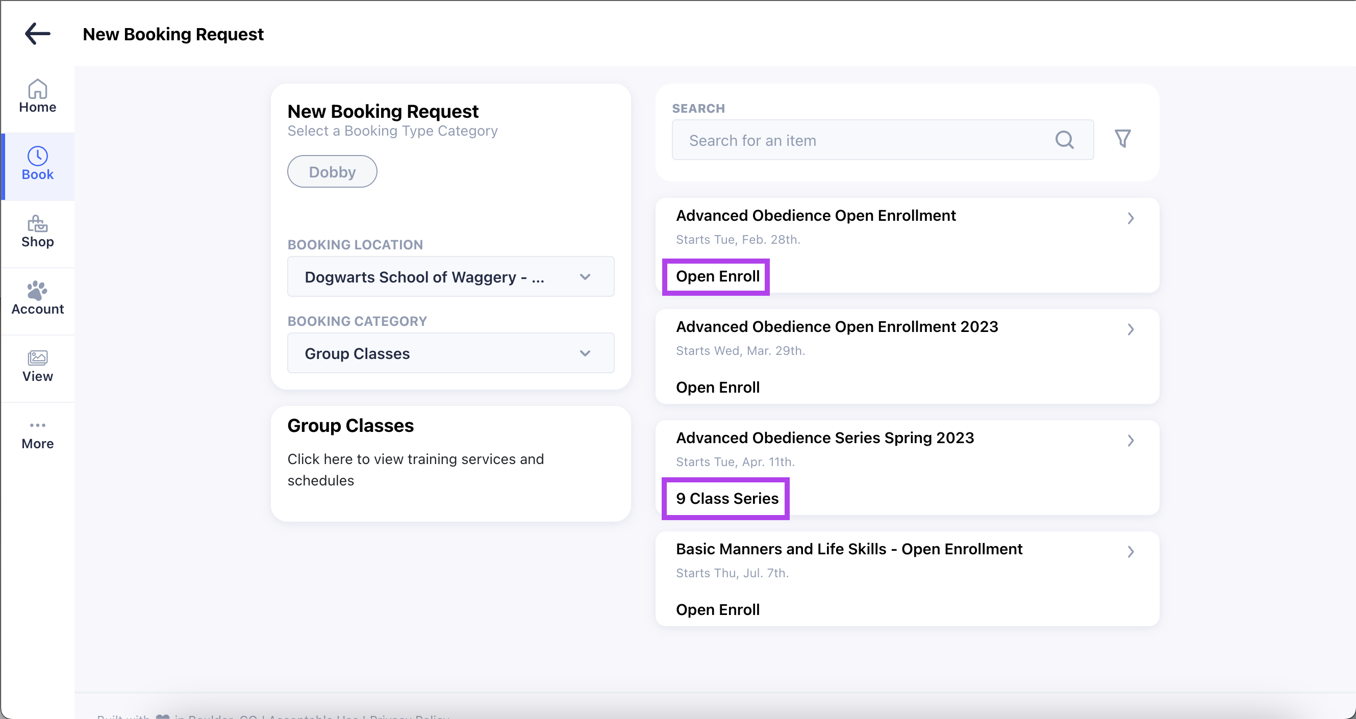 New Booking Request interface screen