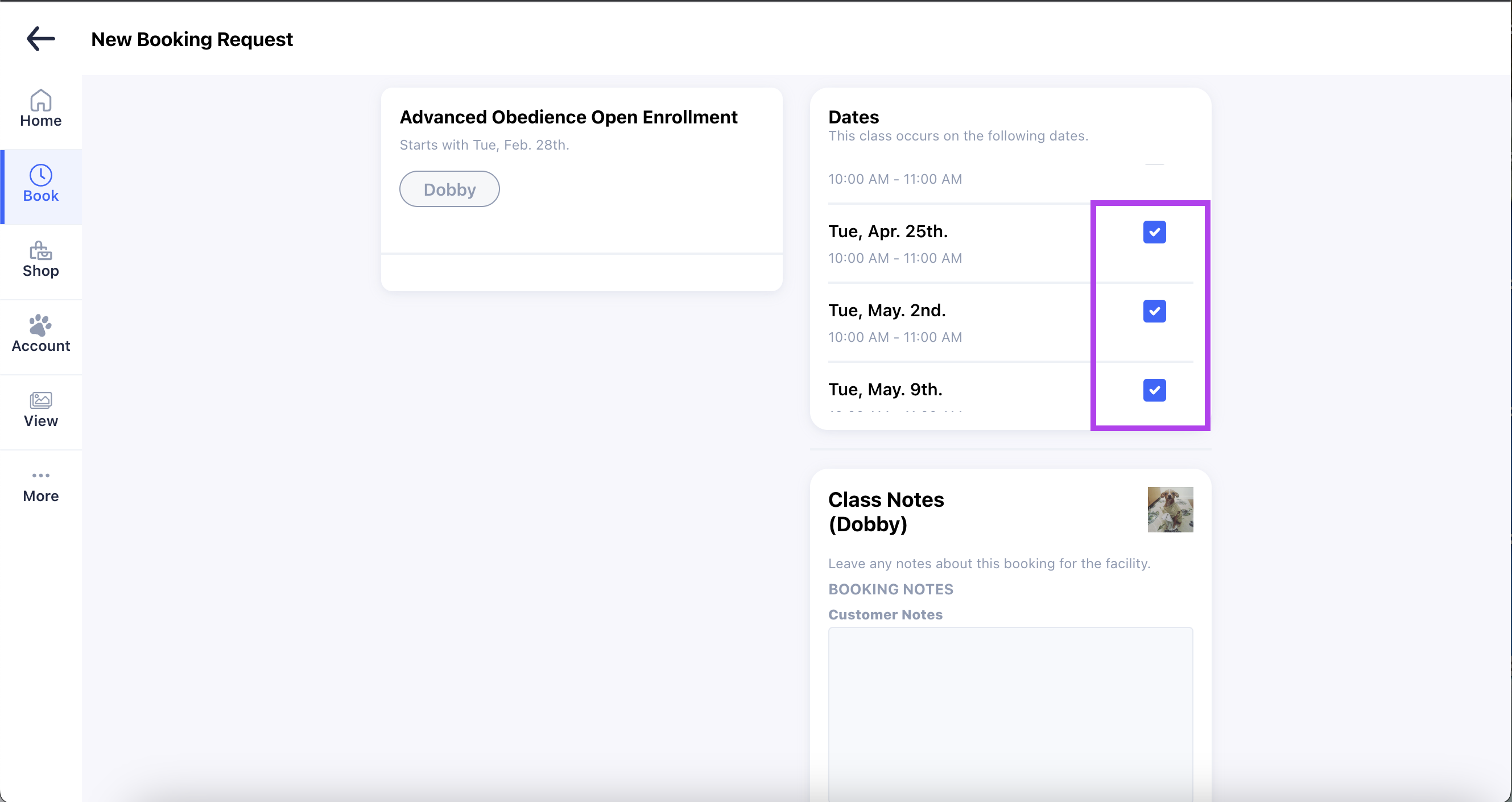 Booking request with selected dates