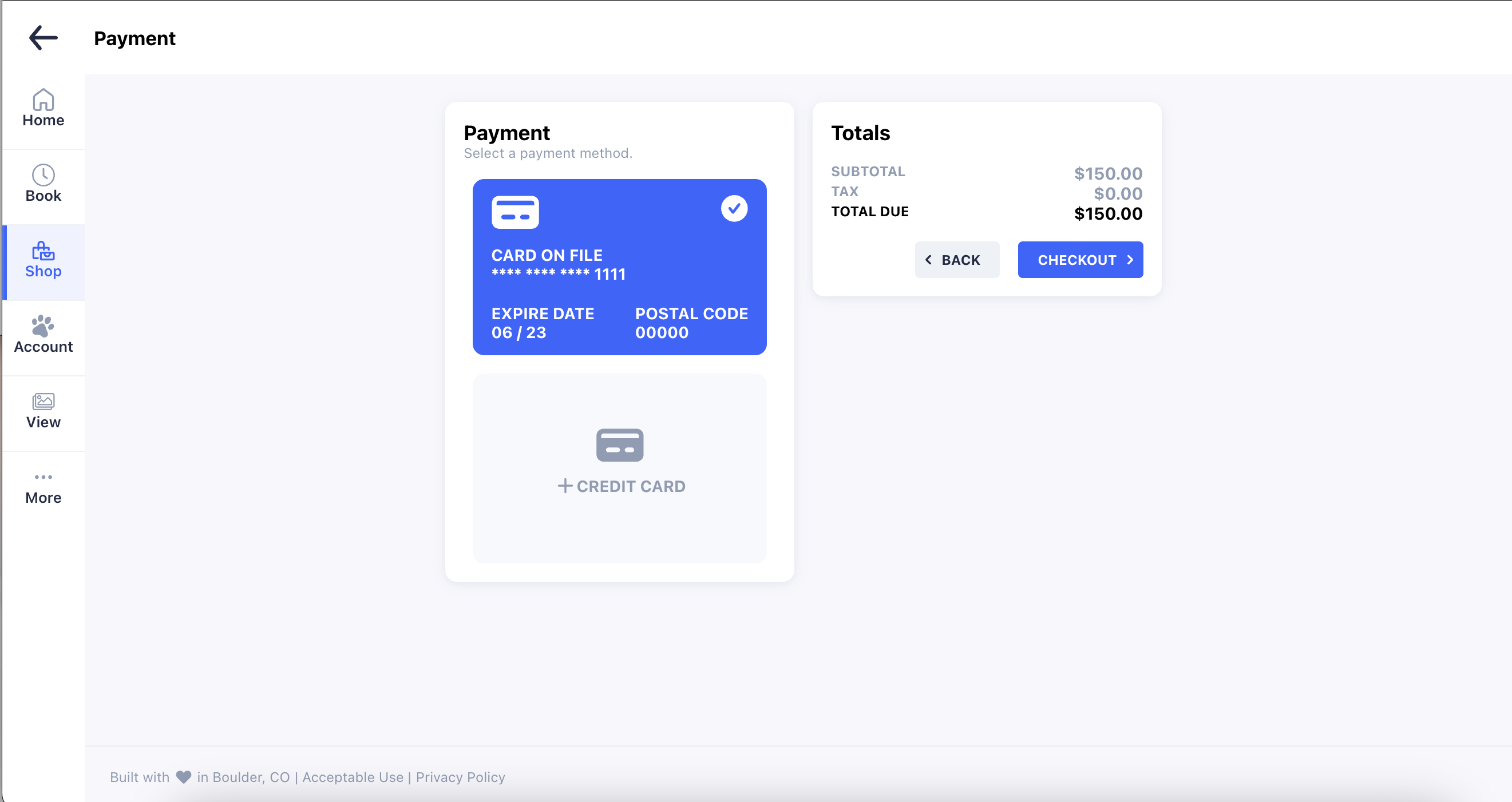 Payment screen with card details and total.