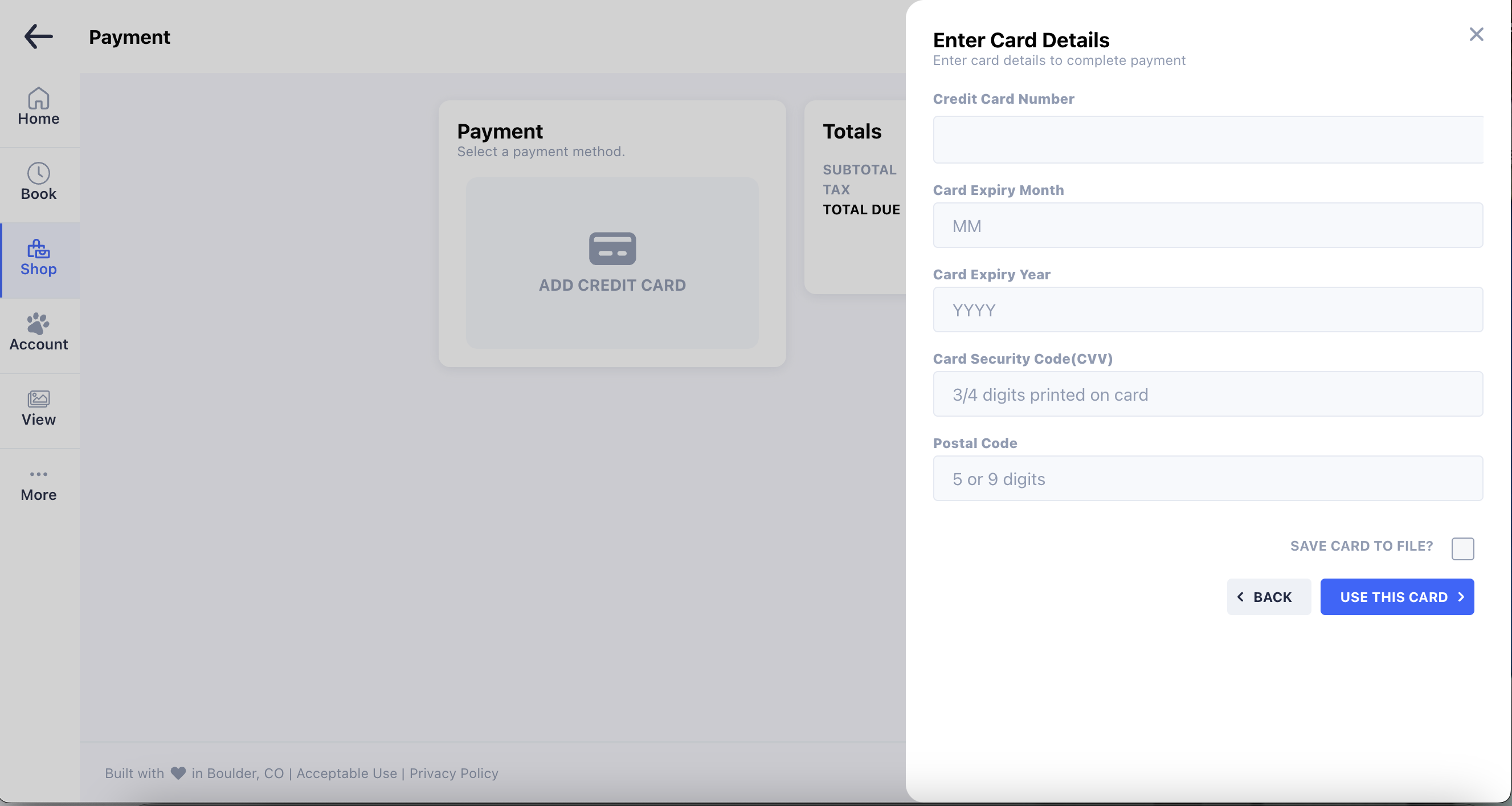 Credit card details entry form