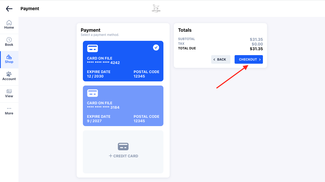 Payment screen with checkout button.