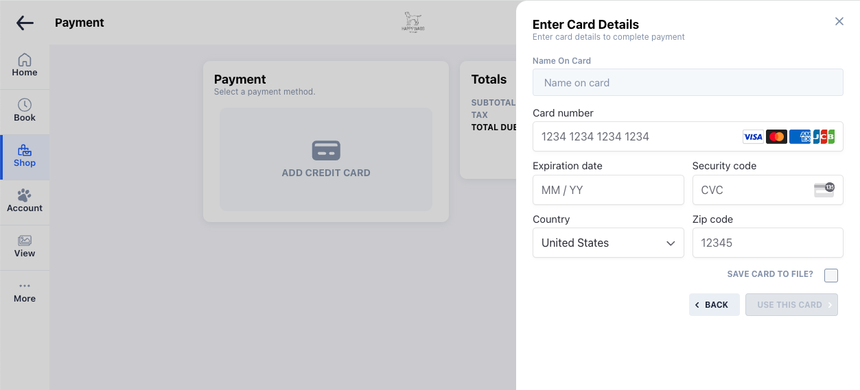Credit card details entry form