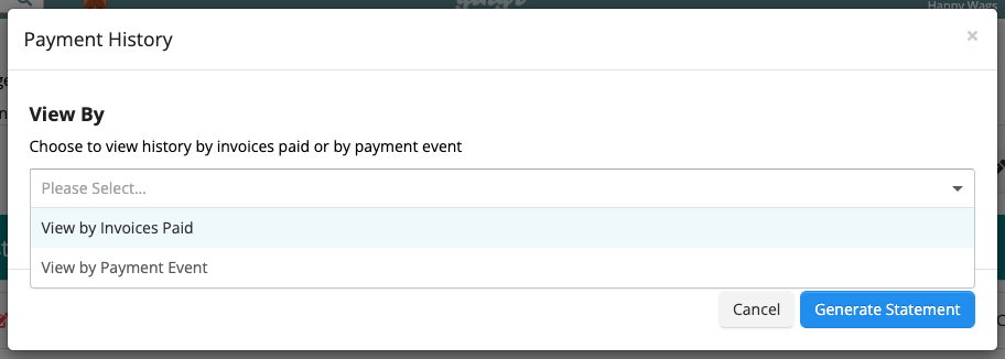 Payment history selection window