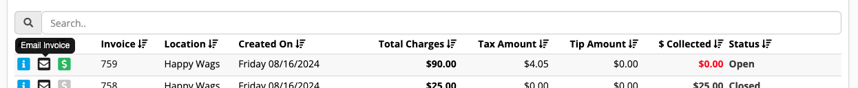 Invoice table with status and charges.
