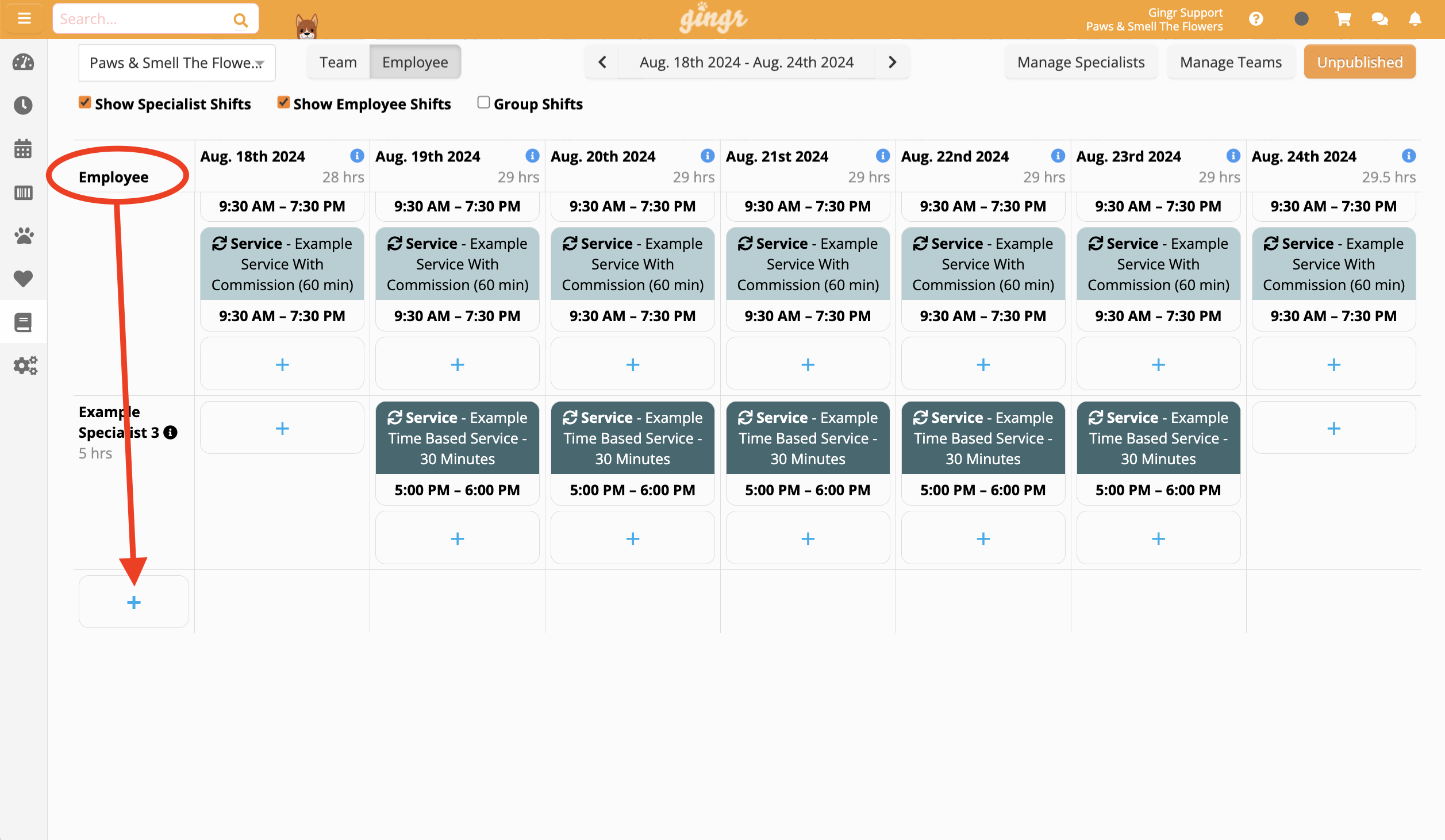 Employee schedule with service times.