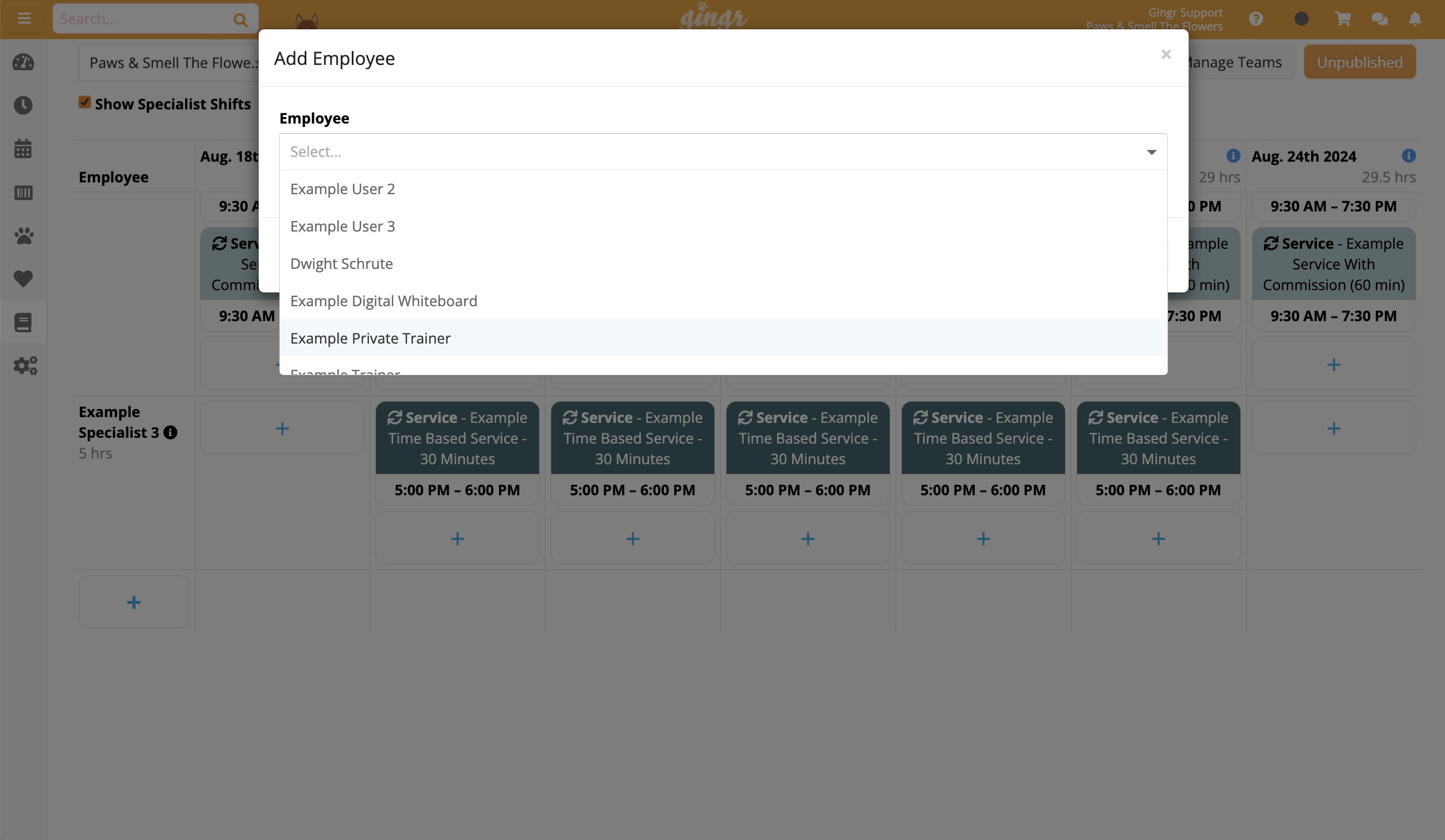 Add Employee dropdown menu on scheduling app