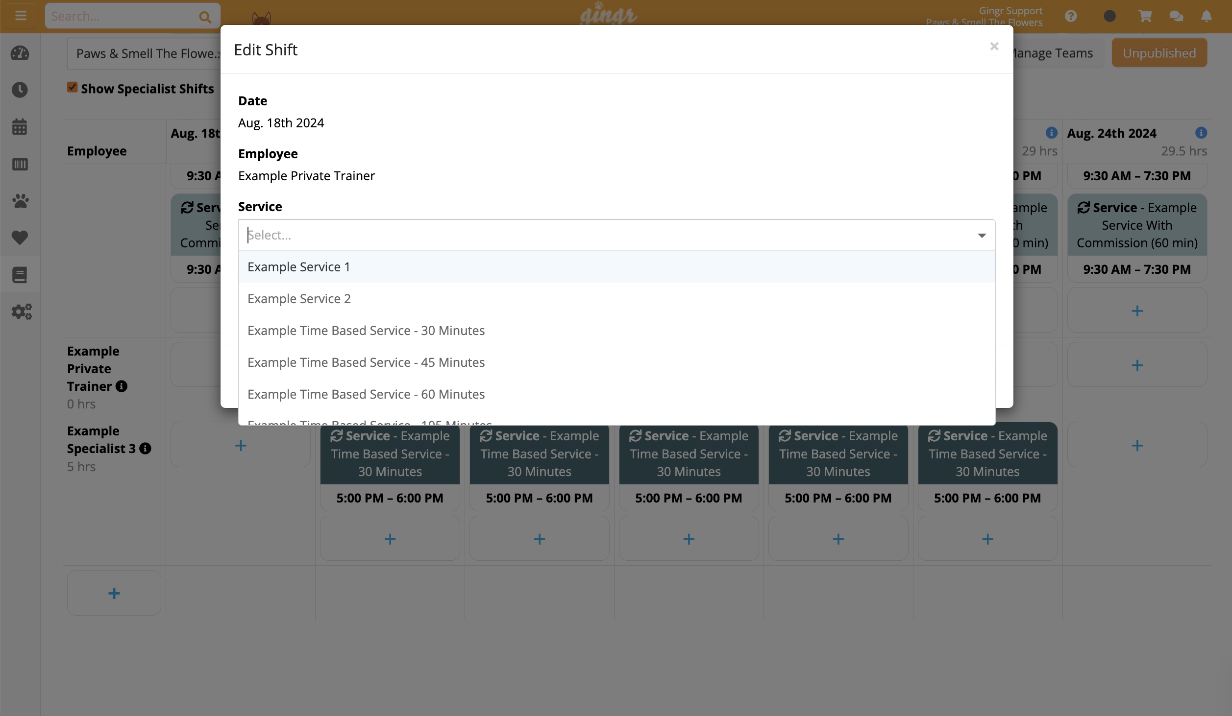 Edit Shift" window with service options.