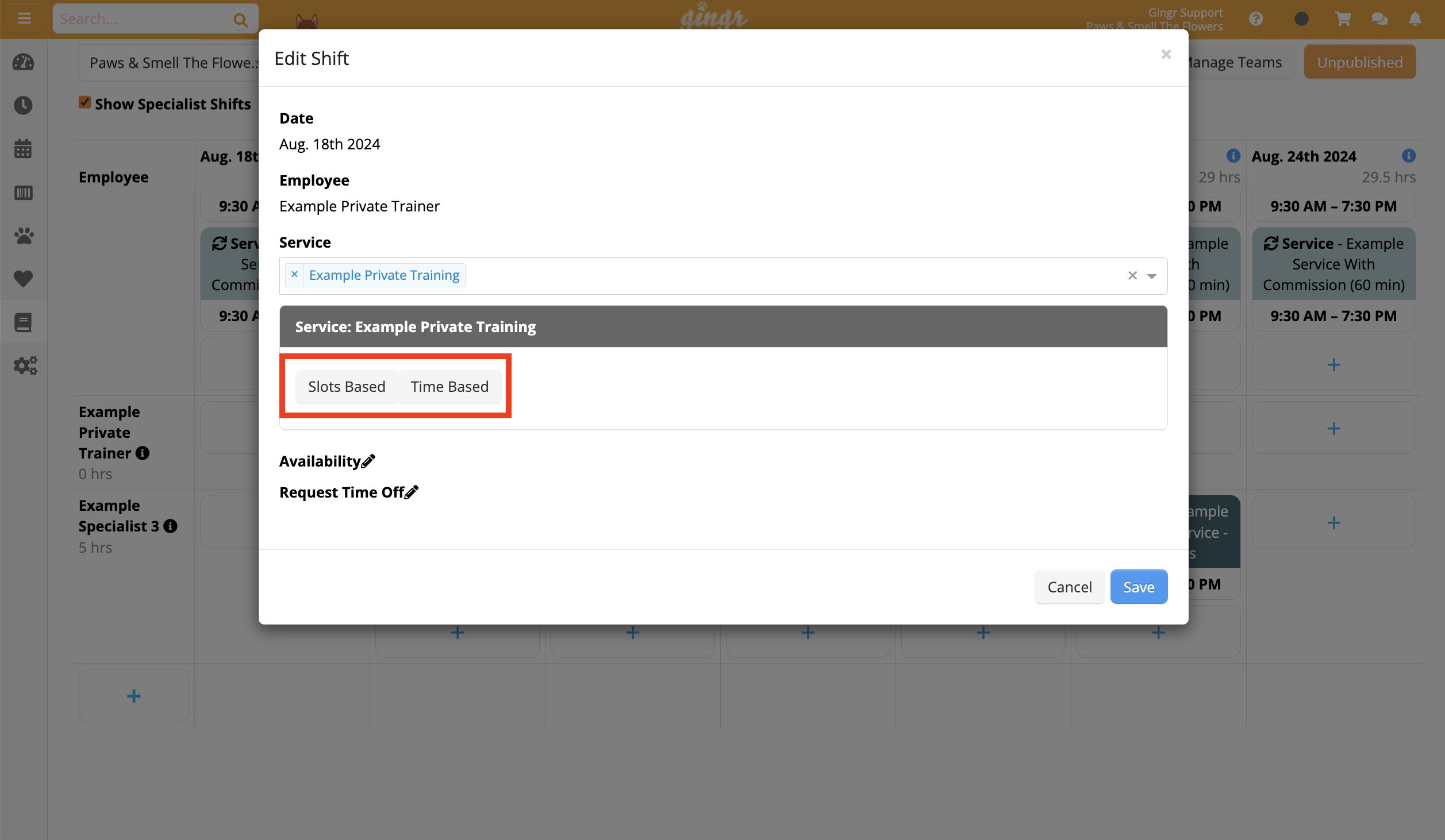 Edit Shift window with service options.