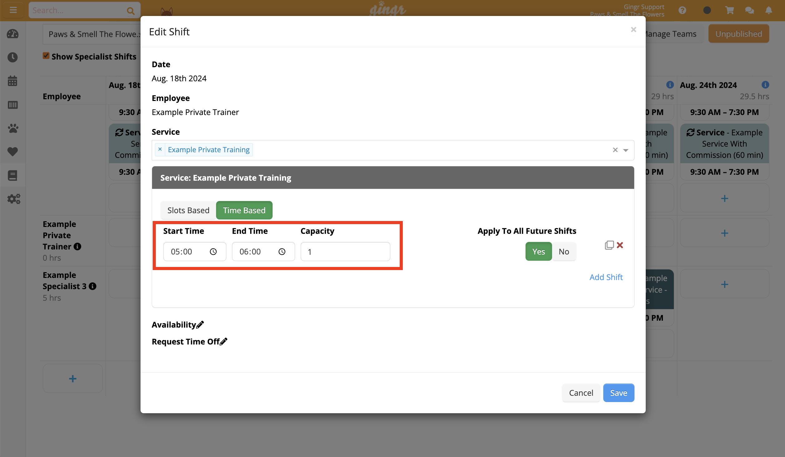 Edit Shift window with time settings.
