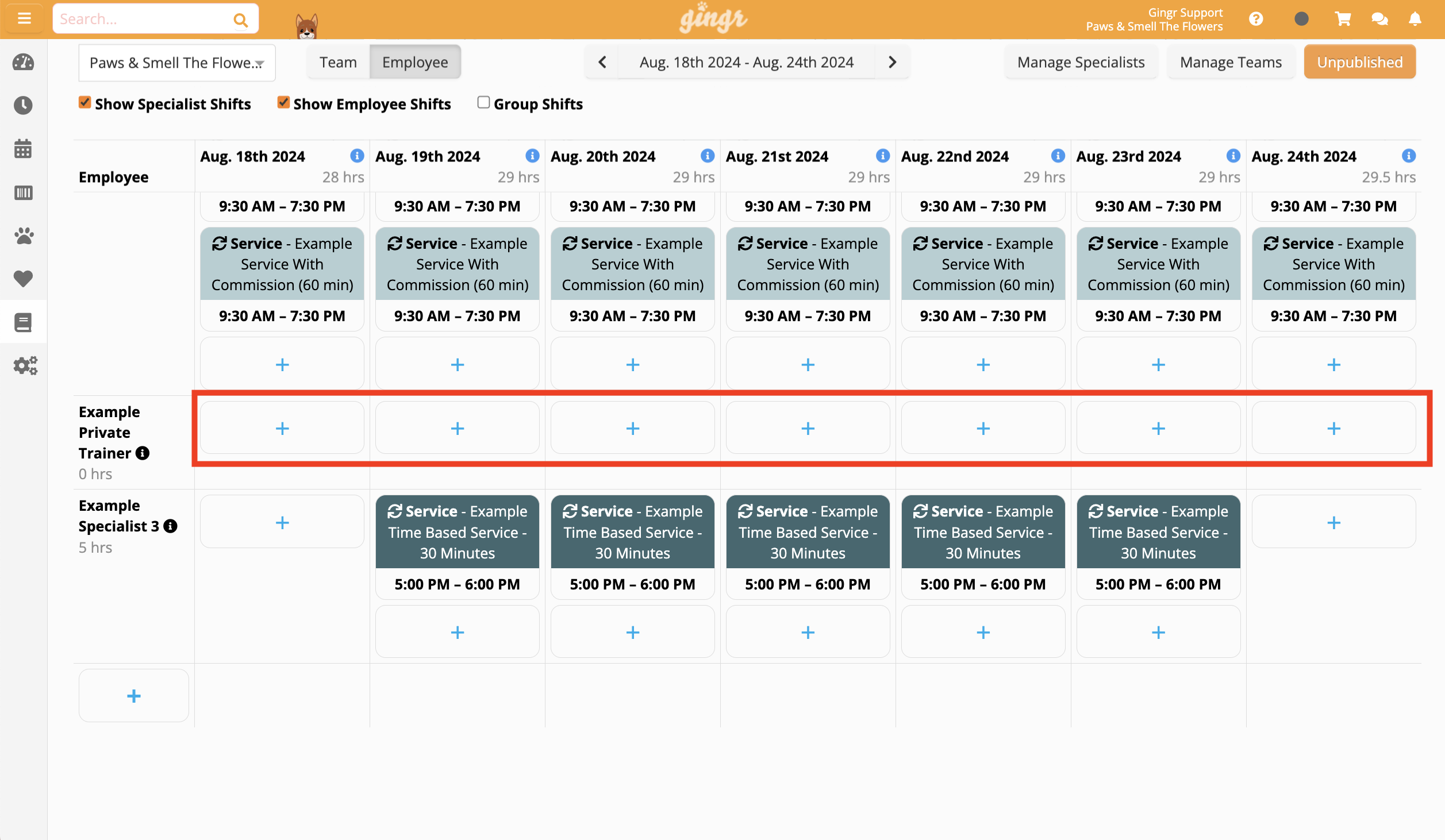 Employee schedule with service details
