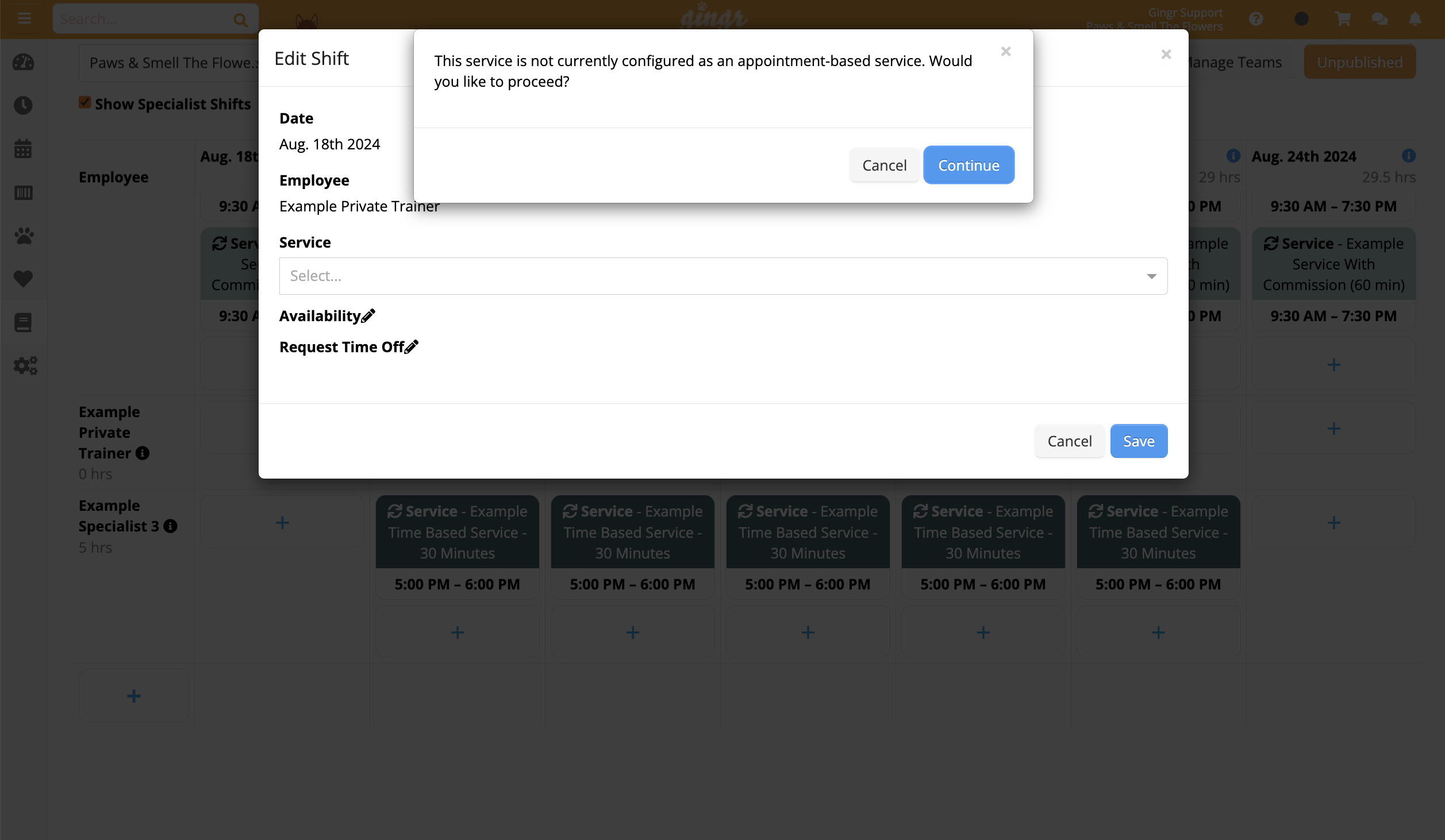 Edit Shift" dialog with date and options.