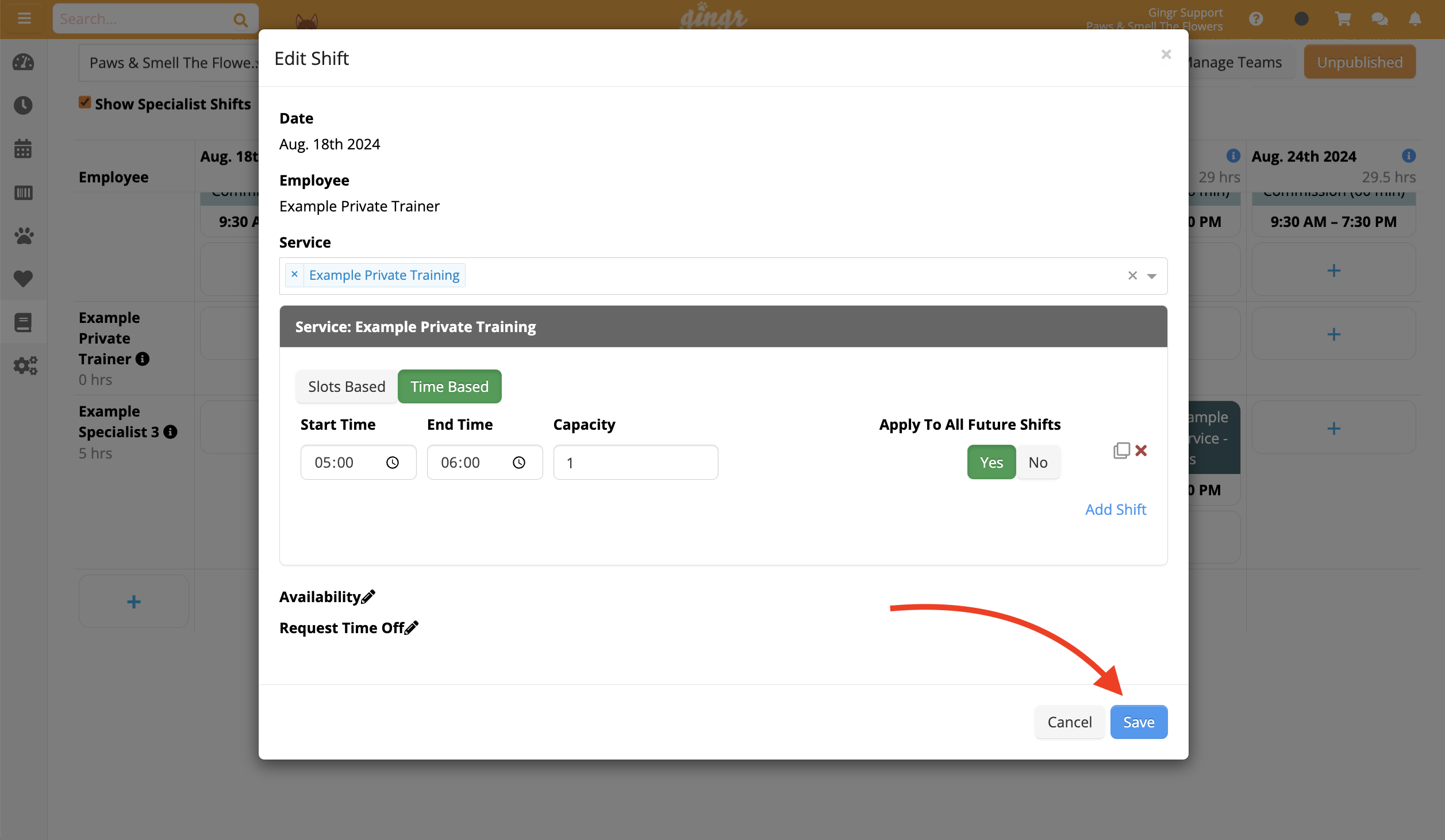 Edit Shift window with save button highlighted.