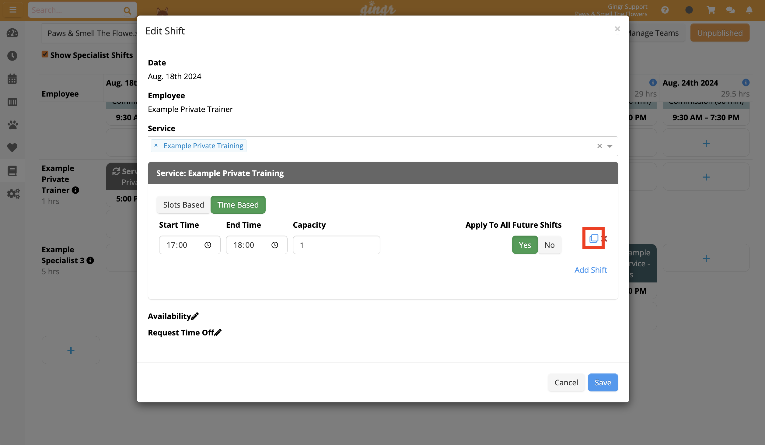 Edit Shift screen with time settings.