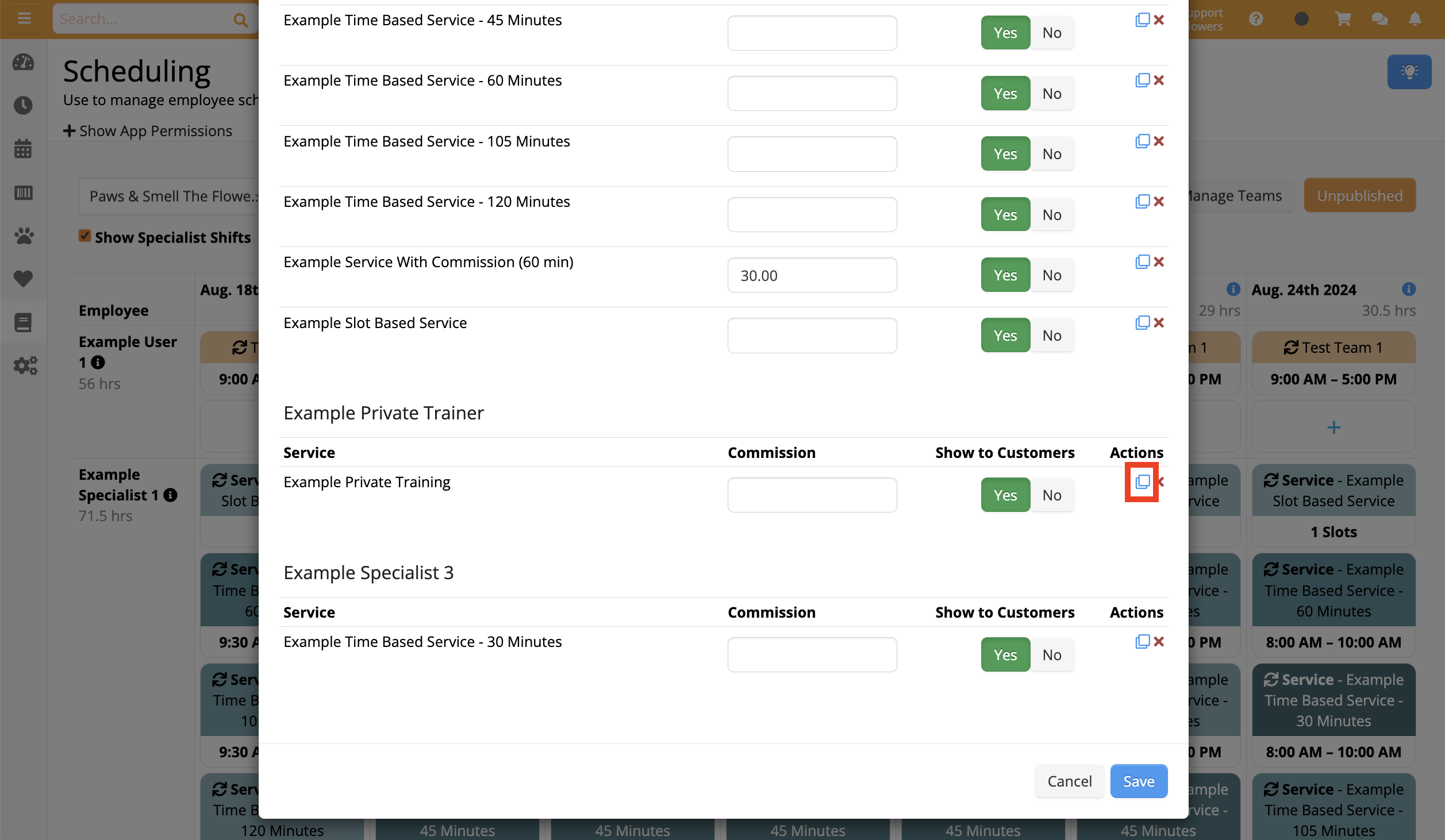 Scheduling app service options list