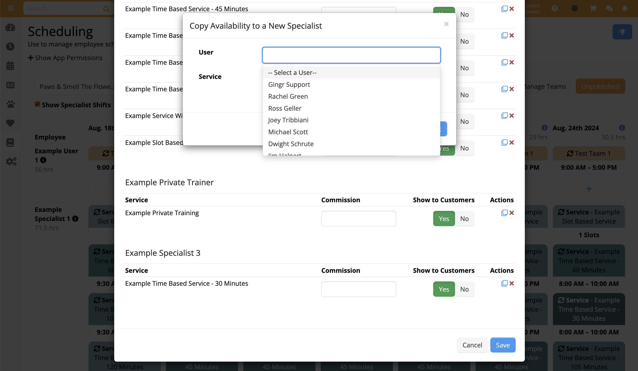 User selection dropdown in scheduling app.