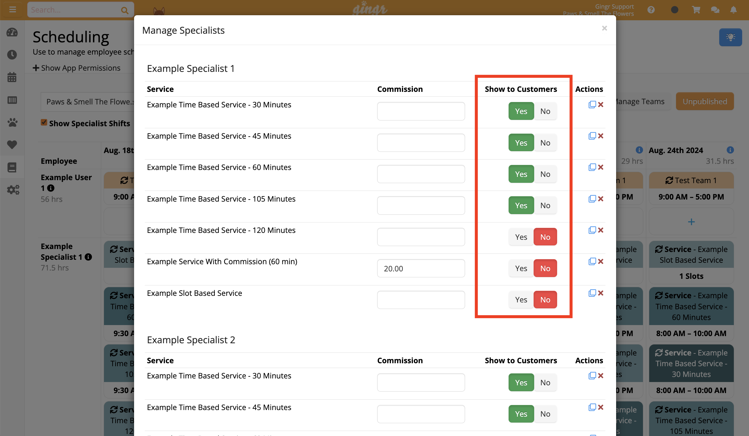 Manage Specialists scheduling interface