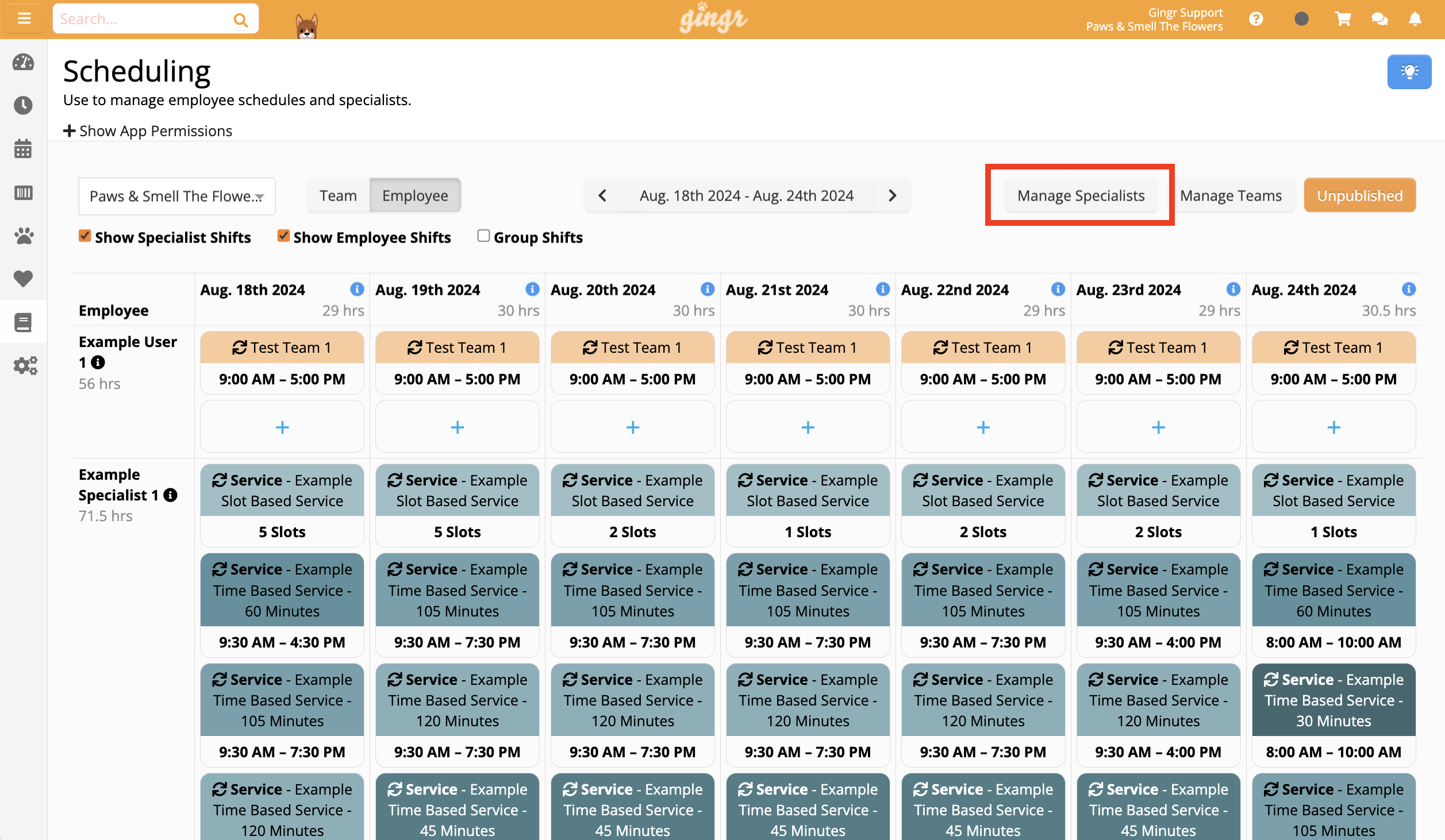 Employee scheduling interface screenshot.