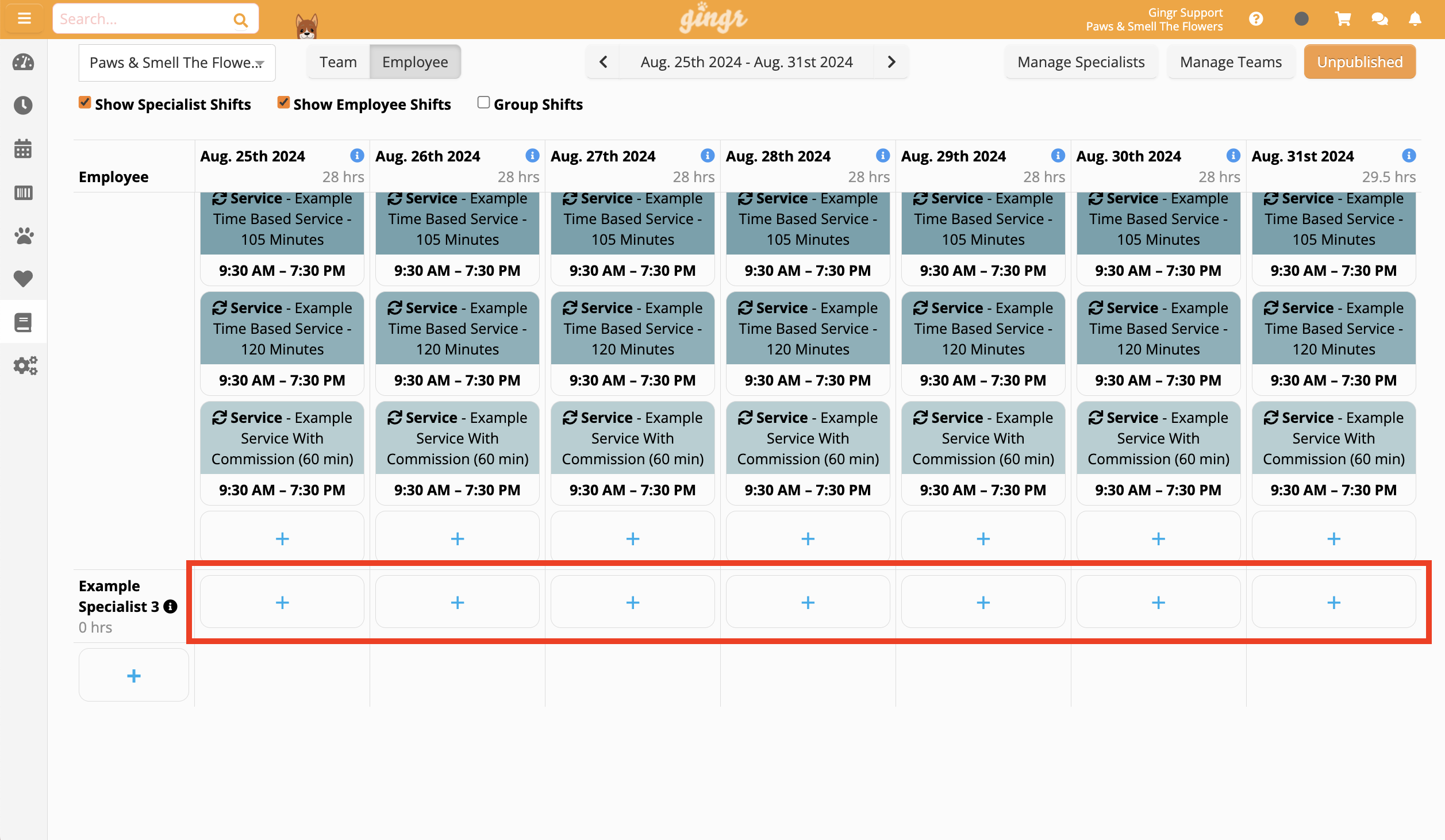 Employee schedule for August 2024