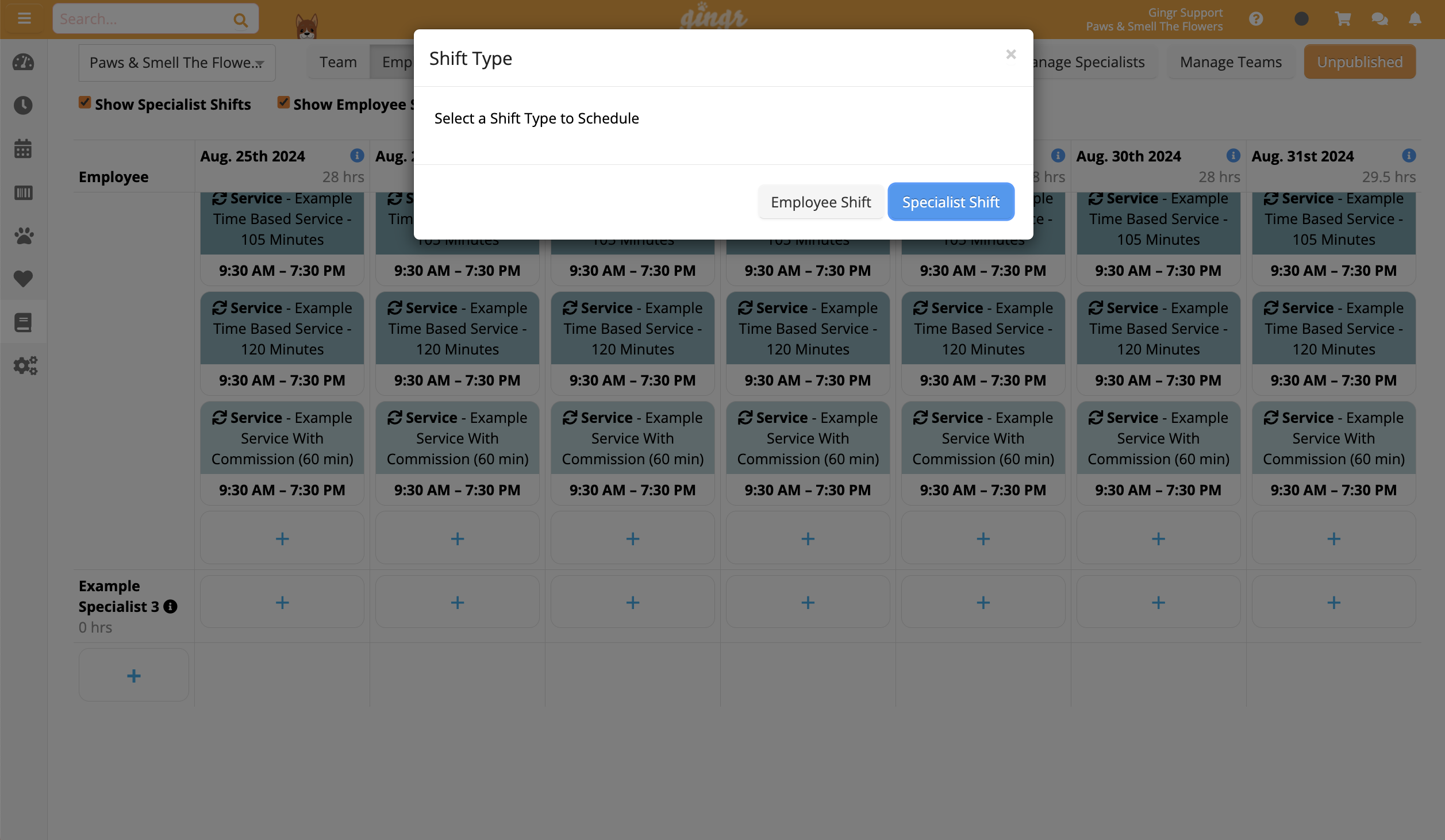 Shift scheduling interface with options.
