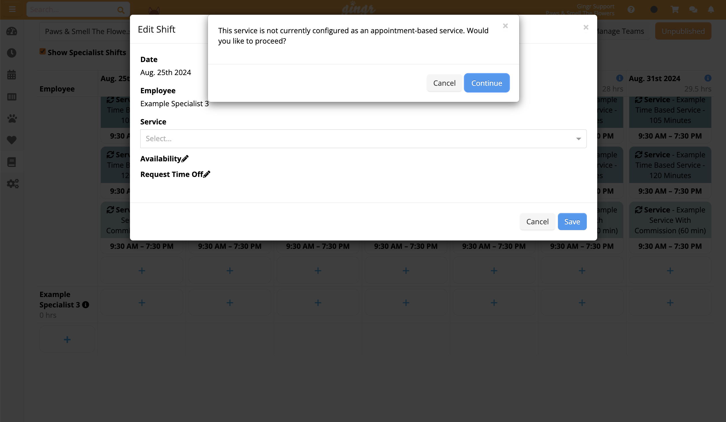 Edit Shift" dialog with date and employee info.