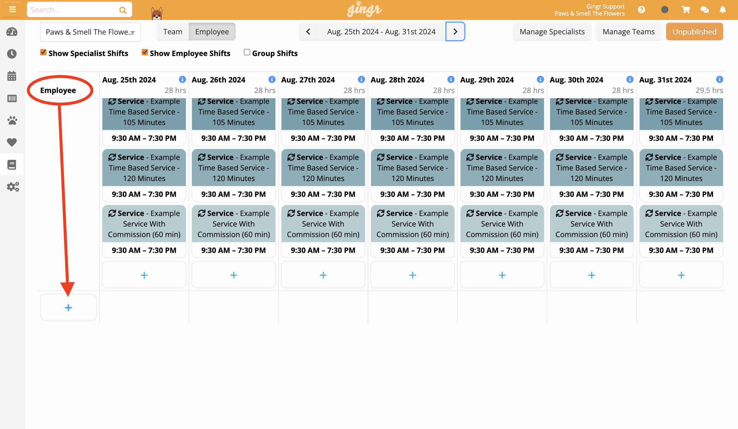 Employee schedule for August 2024.